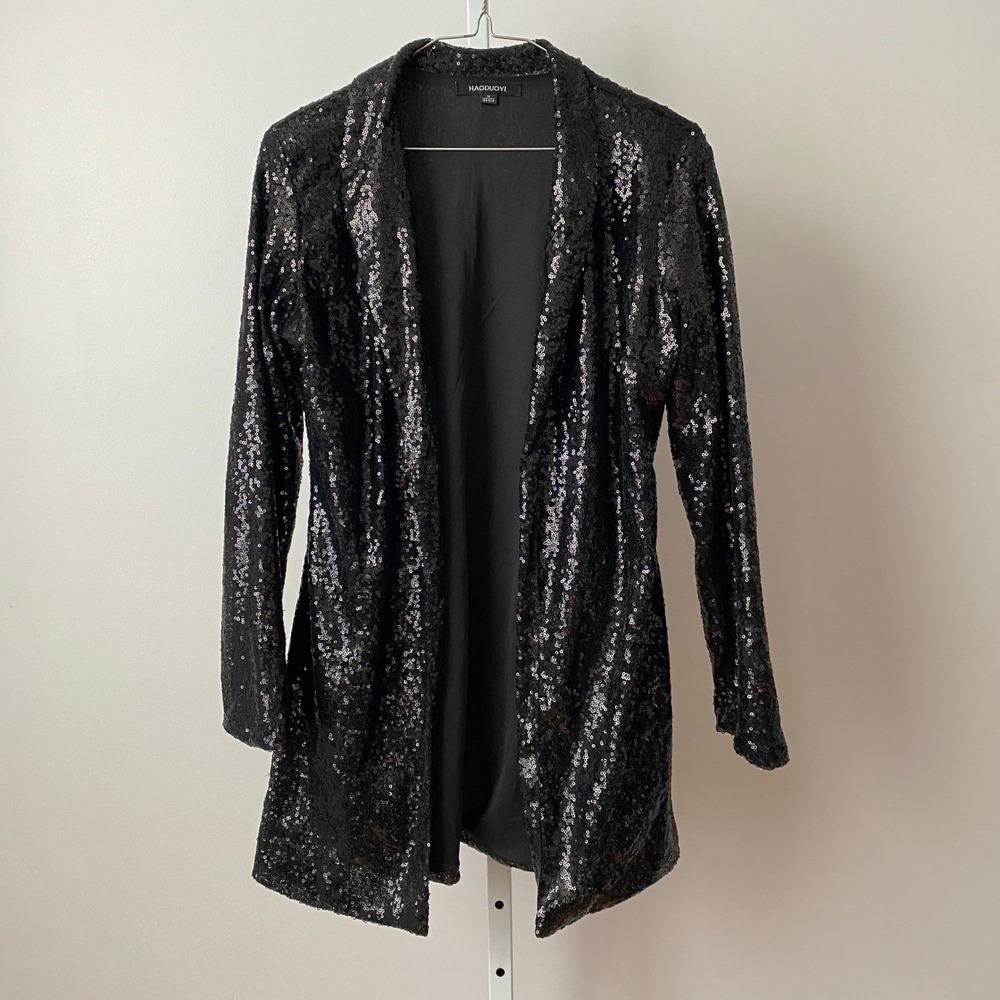 HAODUOYI sz M Black Sequin Open Front Blazer Jacket Whimsigoth Dark Romantic